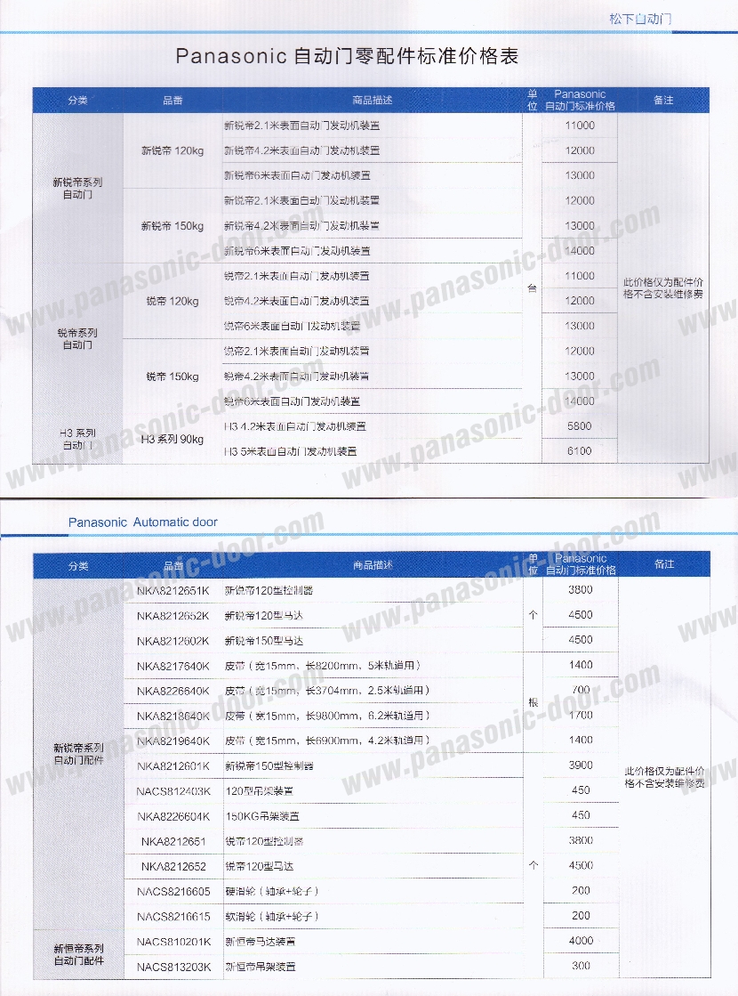 松下自动门标准服务价格表(图2)